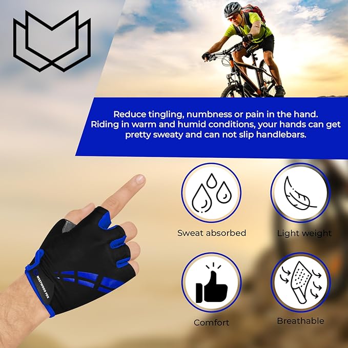 WESTWOOD FOX Cycling Gloves for Men Women,Half Finger Unisex Gel Padded Anti-Slip Mountain Bike Gloves, Breathable Shock Absorption Grip Palm Bicycle Summer Riding MTB Bike Gloves