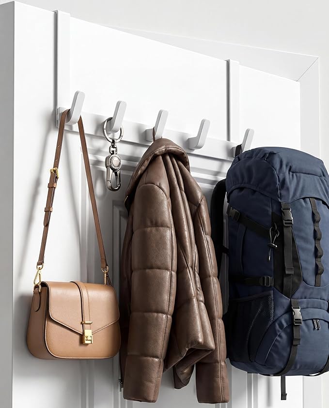 KitchLife Over The Door Hooks - Heavy Duty 5-Hook Organizer, 80lb Total Capacity for Robes, Coats & Towels, Fits 1 3/8" Doors, L18U, Gap-Free & Scratch-Free Design, White,1-Pack