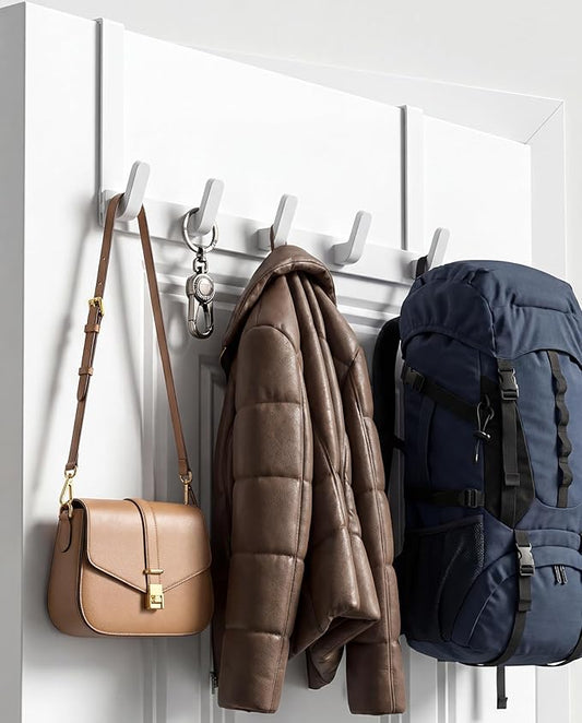 KitchLife Over The Door Hooks - Heavy Duty 5-Hook Organizer, 80lb Total Capacity for Robes, Coats & Towels, Fits 1 3/8" Doors, L18U, Gap-Free & Scratch-Free Design, White,1-Pack
