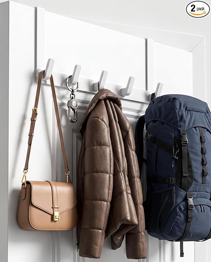 KitchLife Over The Door Hooks - Heavy Duty 5-Hook Organizer, 80lb Total Capacity for Robes, Coats & Towels, Fits 1 3/4" Doors, L18U, Gap-Free & Scratch-Free Design, White,2-Pack