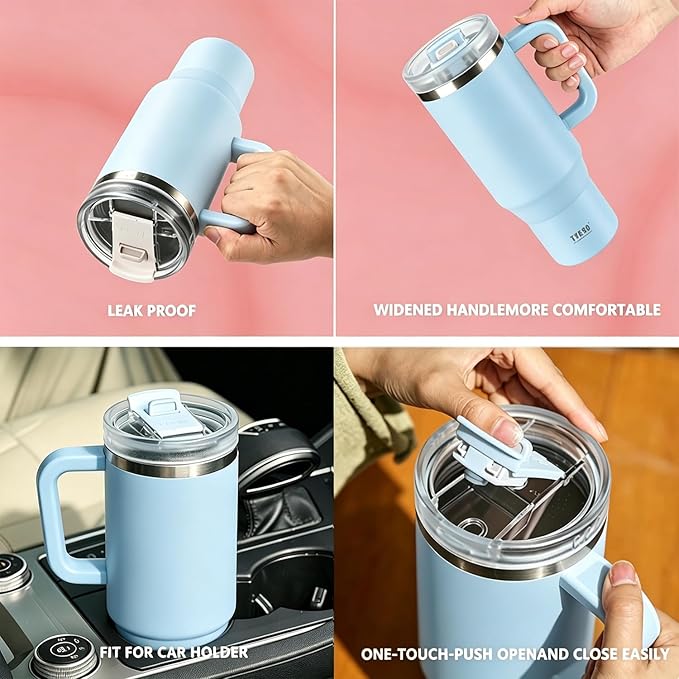 TYESO Vacuum Insulated Tumbler Water Bottle Cold Insulation Stainless Steel Bottle Straw Handle Mug Double Wall Wide Mouth (SKY BLUE, 40 oz)