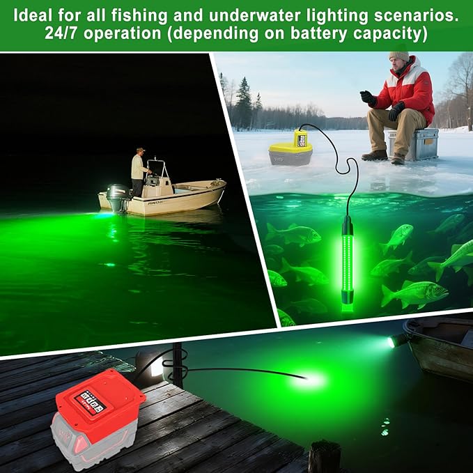 Milwaukee M12 12Vバッテリー対応水中集魚灯、LED水中集魚灯、クラッピー・イカ誘致用、13W、1512ルーメン、グリーン水深灯(バッテリーなし)