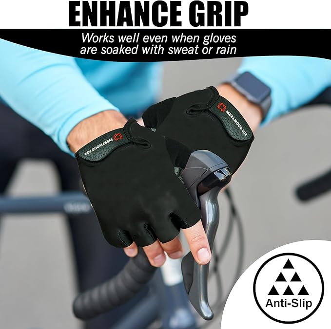 WESTWOOD FOX Cycling Gloves Half Finger Unisex Padded Grips Palm Bicycle Summer MTB Bike Gloves for Men Women Non-Slip Fingerless Short Mountain Bike Sports Hiking Climbing Gym
