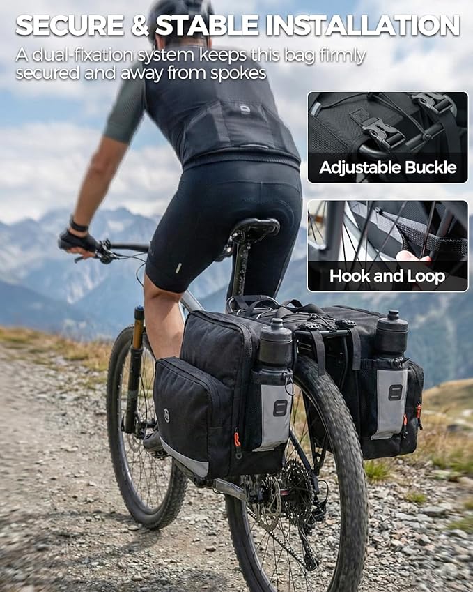Bike Panniers 30L, Water Resistant Bicycle Saddle Bag for Rear Rack with Zipper Flap, Large Capacity Bike Bags with Bottle Holders, Reflective Pannier for Cycling Commuting Touring