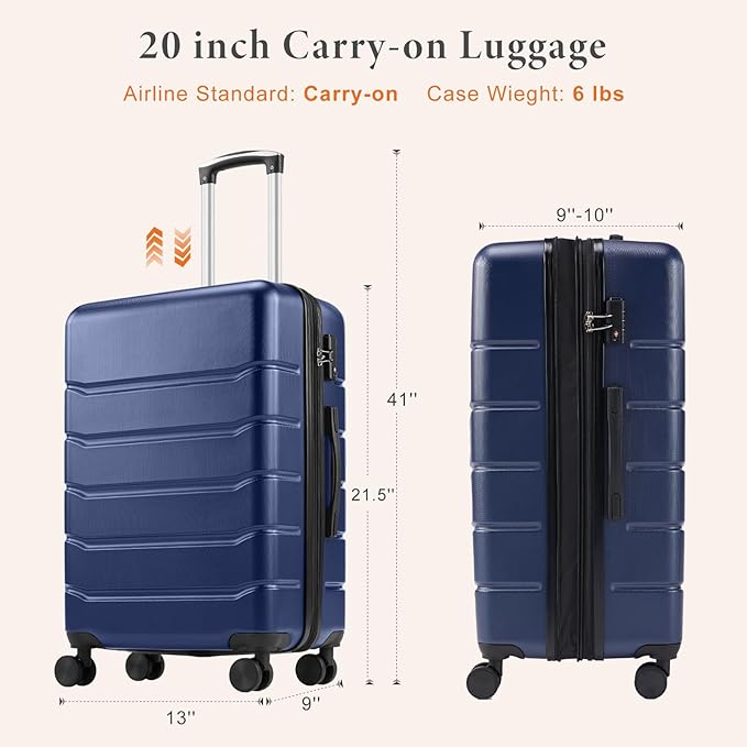 Sweetcrispy Carry on Luggage, Hard Shell ABS Suitcase with Double Spinner Wheels, Lightweight Expandable Rolling Suit Case with TSA Lock, 20 Inch Navy Blue