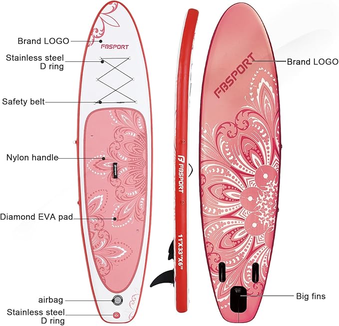 FBSPORT 11' Premium Stand Up Paddle Board, Yoga Board with SUP Accessories & Carry Bag | Wide Stance, Surf Control, Non-Slip Deck, Leash, Paddle and Pump for Youth & Adult