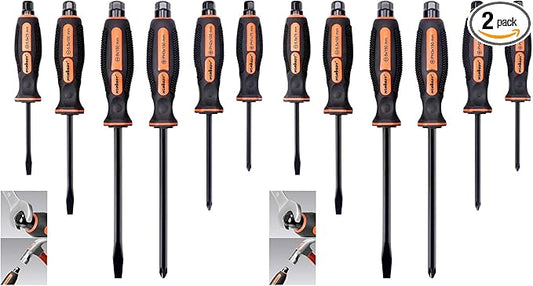 HORUSDY 6-Pieces Magnetic Screwdriver Set, 3 Phillips and 3 Flat Head Tips Screwdriver for Fastening, Chiselling and Loosening Seized Screws (New Screwdriver Set) (Pack of 2)