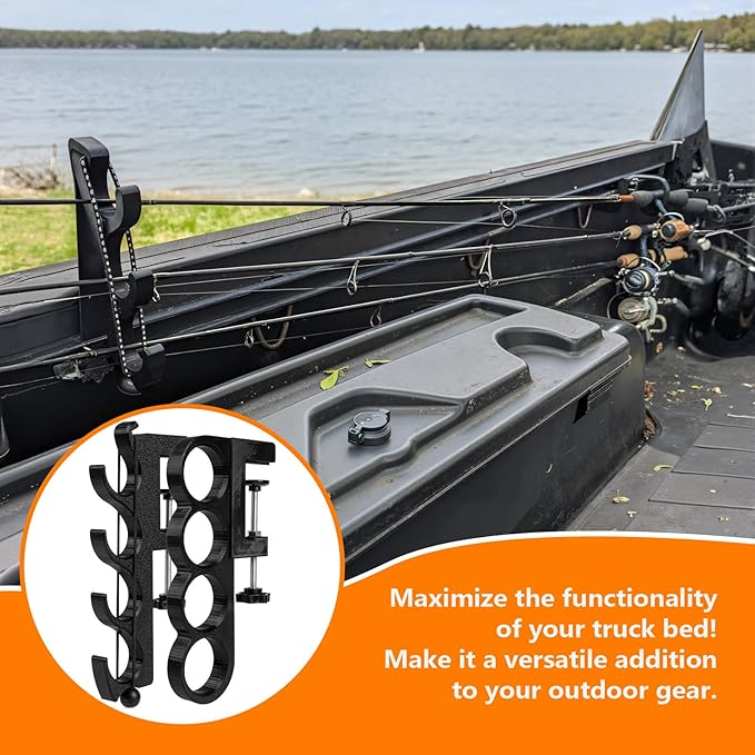 Adjustable Fishing Pole Holder for Pickup Trucks –Truck Bed Fishing Rod Holder Fits 4 Rods with Anti-Slip Bungee Secure 4 Rods While Driving