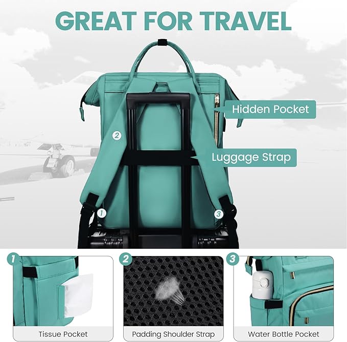 LOVEVOOK Laptop Backpack for Women,17 Inch Professional Womens Travel Backpack Purse Computer Laptop Bag Nurse Teacher Backpack,Waterproof College Work Bags Carry on Back Pack with USB Port,Mint Green