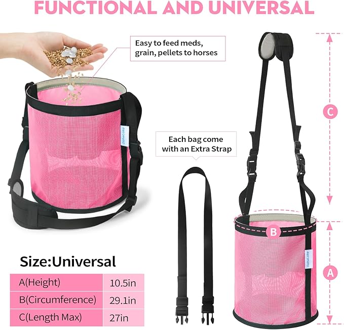 Horse Feed Bag for Grain, Breathable Mesh Feed Bags for Horses, Muzzle Feedbag for Feeding Grain, Anti-Spill Design Feeder, Soft Neck Pad Nose Pad, Universal Fit(1 Pack Pink)