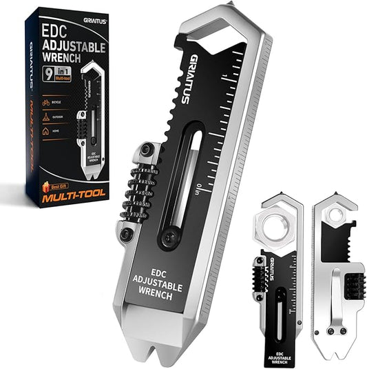 Small Multitool Wrench 9 in 1 Pocket Adjustable Wrench for Screw with Mini Pry Bar Nail Puller Keychain Tool Caliper Measuring Ruler Glass Breaker EDC Gadget Survival Gear for Men Cycling Hiking