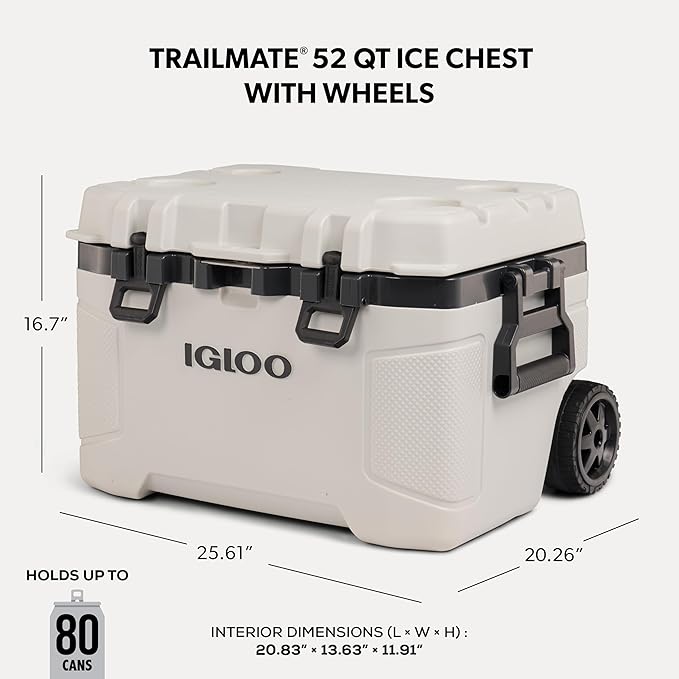 Igloo Trailmate 52QT ホイールクーラー、断熱ハードシェルアイスチェスト、ボーン