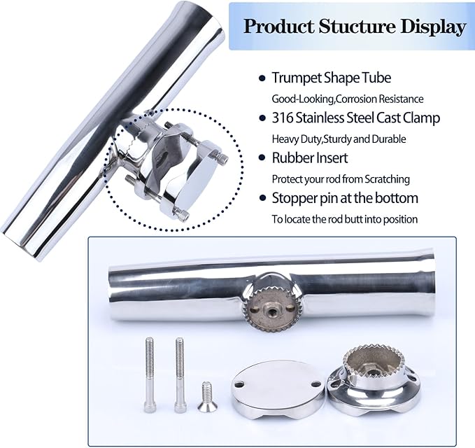 Marinebaby (2X) 316 Stainless Tournament Style Boat Fishing Holder Clamp on Fishing Rod Holder for Boat 1-1/4" to 2" Rail Gimbal Pin at Bottom