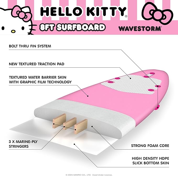 Hello Kitty 8ft Surfboard by Wavestorm | Graphic top Deck with high Density Slick Bottom | for Kids and Adults | Foam Construction with Accessories | Includes Basic Leash