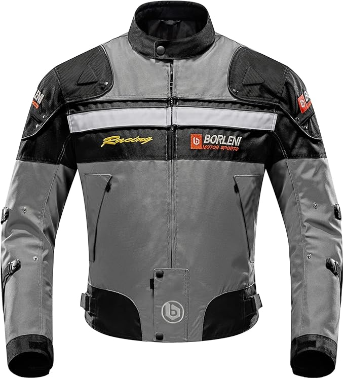 BORLENI Motorcycle Jacket Motorbike Riding Jacket Windproof Motorcycle Full Body Protective Gear CE Armor All Season Gray M
