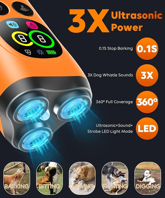 Dog Bark Deterrent Device,3X Ultrasonic Anti Barking with Color LCD Screen,7 Training Modes 35 FT Range Correct Bad Behavior Indoors Outdoors,Safe & Humane Rechargeable Bark Control for Dogs