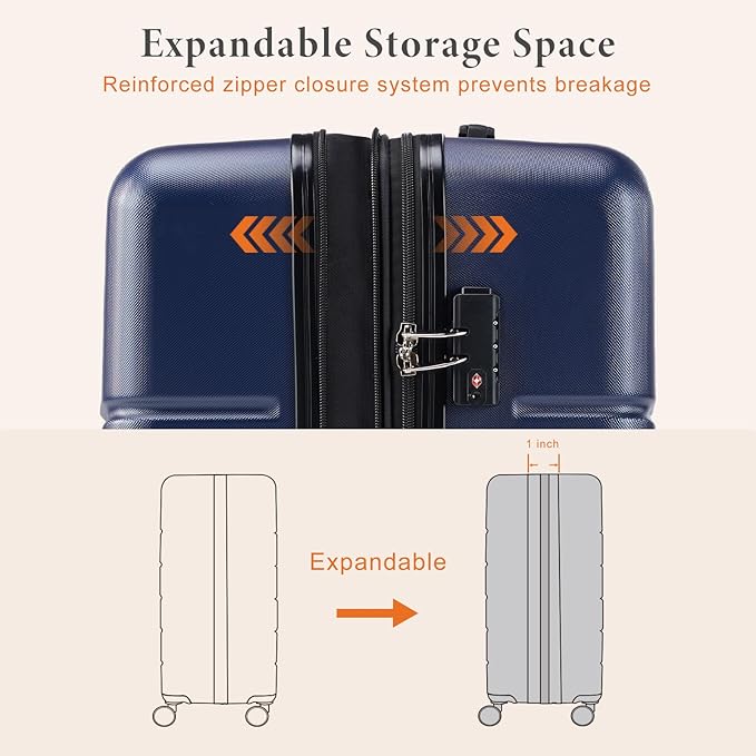 Sweetcrispy 25IN Carry on Luggage, Expandable Hard Shell ABS Suitcase with 360° Swivel Wheels, TSA Lock, Lightweight, Navy Blue