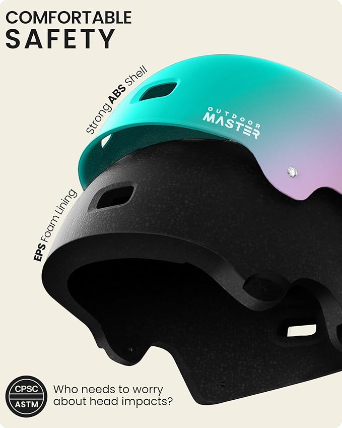 OutdoorMaster スケートボード サイクリング ヘルメット - Beetles Snug、大人、ユース、子供向け自転車ヘルメット - 2つの取り外し可能なライナー、通気性、マルチスポーツ、通勤、スクーター、ローラースケート、インラインスケート、ロングボード