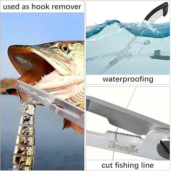 Professional 8.4 Inch Fishing Pliers with Safety Lock, Multi-Function Long Nose Hook Remover, Line Cutter, Crimper, Rustproof Stainless Steel Fishing Tool for Saltwater & Freshwater