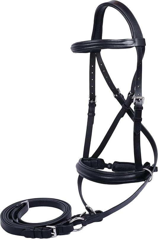 Hulara Genuine English Leather Crossover | Crossunder Bitless Horse Bridle Headstall with Reins