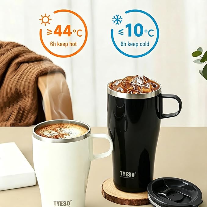 TYESO Coffee Mug,Insulated Tumbler with Lid,Vacuum Insulated Mug Double Wall Stainless Steel Office Tumbler Cup (Black, 13 oz)