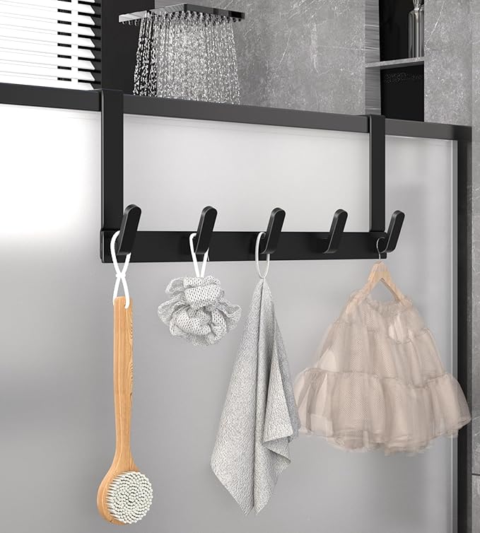 KitchLife Over The Door Hooks - Heavy Duty 5-Hook Organizer, 80lb Total Capacity for Robes, Coats & Towels, Fits 1 3/4" Doors, L18U, Gap-Free & Scratch-Free Design, Black,1-Pack