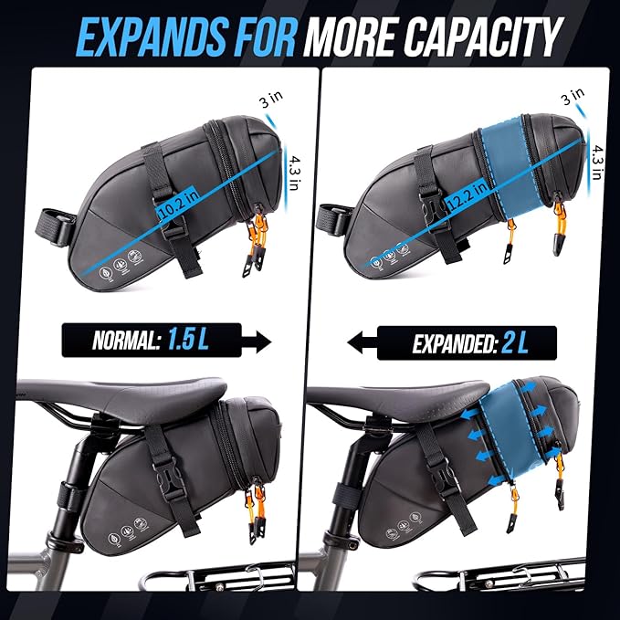 WOTOW Bike Saddle Bag - Waterproof Bike Seat Bag Expandable to 2L - Reflective Bicycle Under Seat Storage Pouch for Road Mountain Bike Cycling Travel