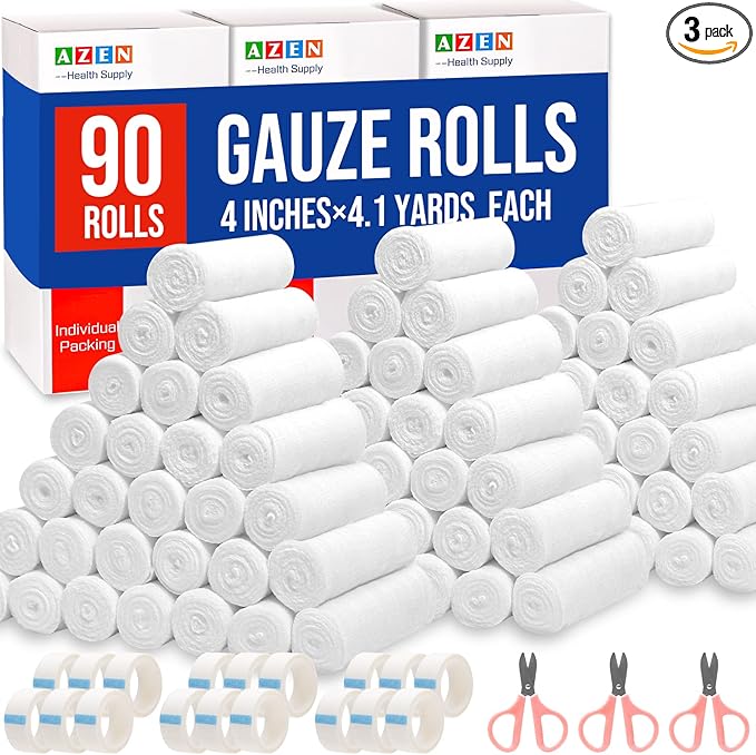 AZEN 90 Pack Gauze Rolls Bandages, 4 in x 4.1 Yards, Premium Medical Supplies & First Aid Supplies, Bandage Wrap Vet Wrap, Mummy Wraps (3 Boxes x 30 Rolls)