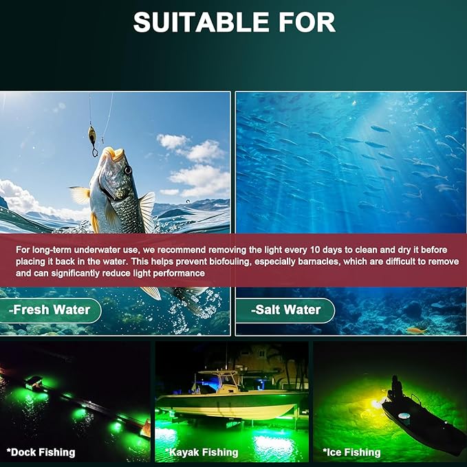 Underwater Fishing Light 120W 15000LM, 530nm Green Submersible Fish Attractant Light with 30FT Cord, 100–240V AC to 12V DC Adapter, 40FT Safety Cable, for Night Fishing, Dock, Boat