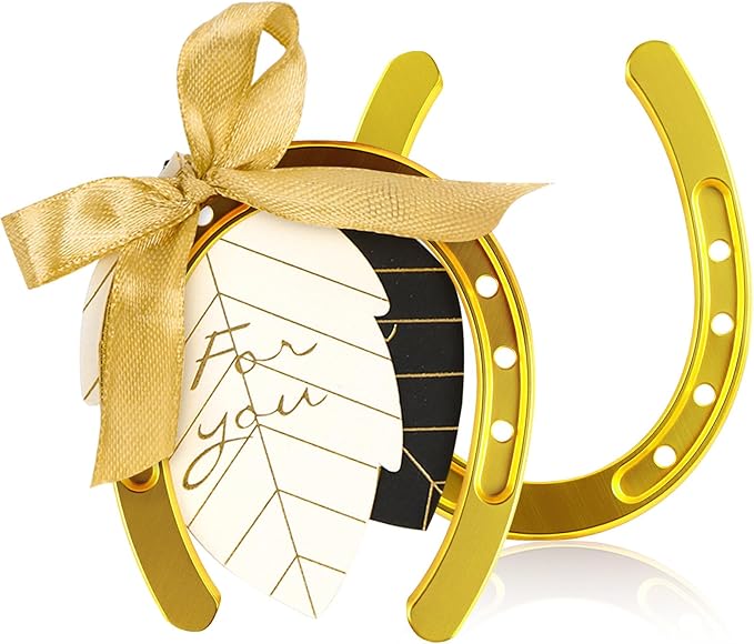 OurWarm 10PCS Gold Horseshoe Decor Wedding Favors with Black & White Tags and Ribbon, Stunning Horse Shoes Good Lucky Gifts for Wedding Birthday Kentucky Derby Party Decorations