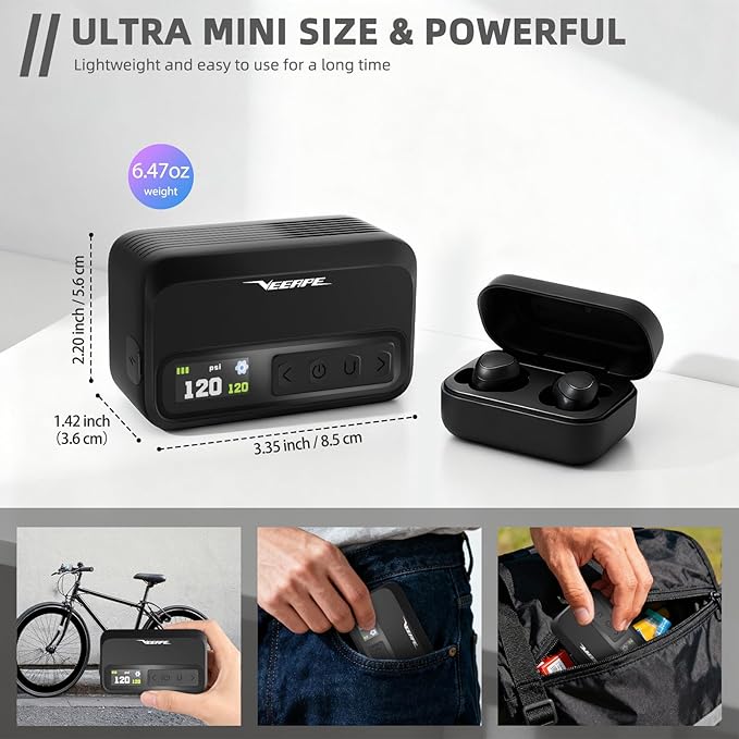 Tiny Pump Mini Bike Tire Pump - Max 120PSI Portable Electric Bicycle Pump with Fast Inflation Auto Stop - Bicycle Inflator with Presta and Schrader Valve for & Various Bicycles Balls E-Bikes