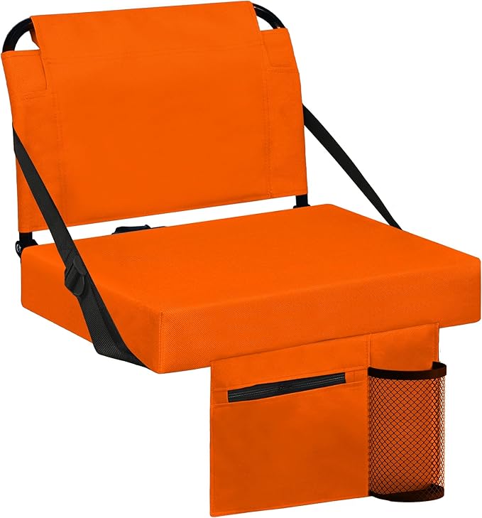 Stadium Seats for Bleachers with Back Support Bleacher Seat Soft Cushion Light Weight Includes Shoulder Strap & Cup Holder, Front & Back Zipper Pocket, Suitable for Sports Events,Orange