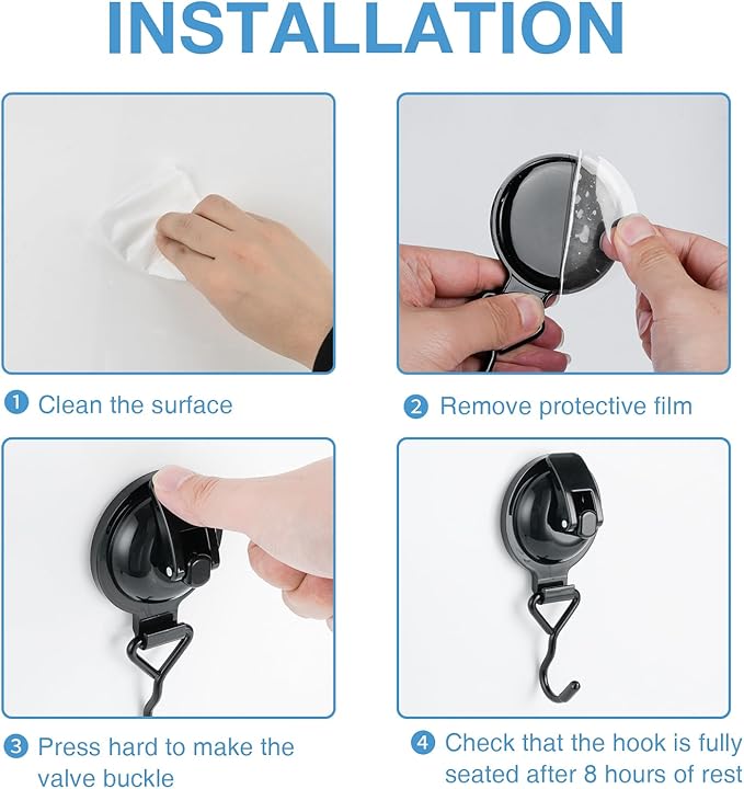 Heavy Duty Vacuum Wreath Cup Adhesive Hook,Hanging 13 lbs Robe Towel Hooks, Easy to Install and Remove, Super Suction for Kitchen， Bathroom and Restroom (Shiny Black, 2Pack)