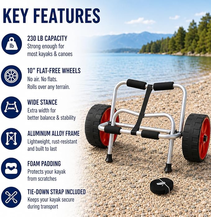 Kayak Cart with 10" Flat-Free 4-Inch Wide Wheels, 230 lb Heavy Duty Kayak Dolly Carrier, Foldable Aluminum Canoe Trolley with Tie Down Strap, Padded Bunk Support for Kayaks Canoes Paddle Boards