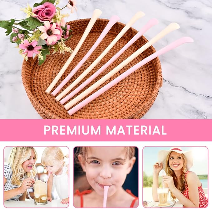 6 Pcs Anti Wrinkle Straw, Flat Wide Drinking Straw Compatible with Stanley 40 oz & 30 oz, Reusable Flexible Wrinkle Long Drinking Straws with Cleaner Brush, Perfect for Lip Filler