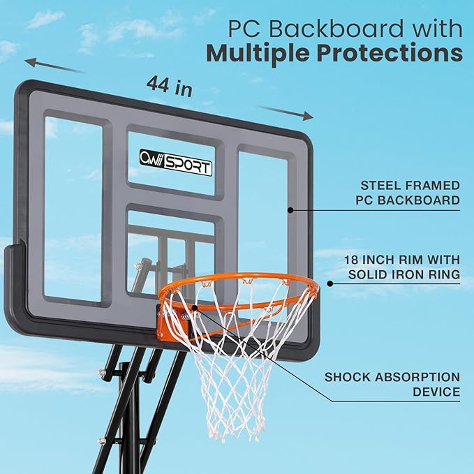 Basketball Hoop Outdoor 44&48 Inch Impact Backboard, 5.3-10FT Height Adjustable Basketball Hoop Goal System with Portable Wheels for Adults