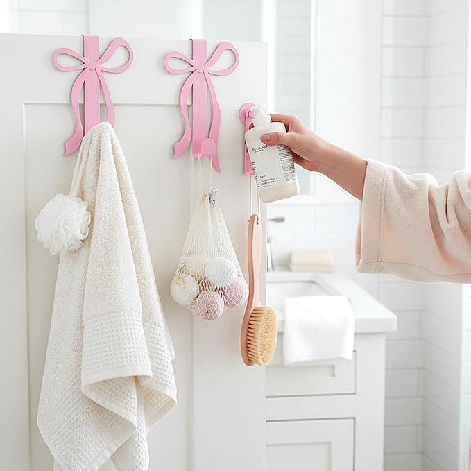 Chunful 2 Pack Bow Over The Door Hook, Metal Strong Door Hanger Hook Coquette Room Decor Bow Accessories for Cabinet Living Room Bathroom Bedroom Kitchen Hanging Clothes Towels Hats Coats Bags (Pink)