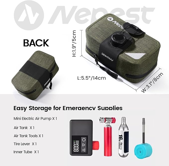 Nepest Bike Saddle Bag Waterproof 0.6L Bike Seat Bag with Knob Closure Reflective Portable Under Seat Storage for Road, Gravel, Mountain Bike, Army Green