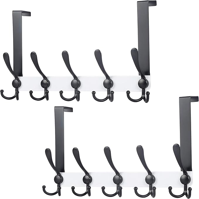 Dseap Over The Door Hook Hanger - Fits 1 3/8" to 1 3/4" Standard Doors | 5 Tri Hooks Heavy Duty Towel/Coat Rack | Door Organizer for Clothes, Jackets, Hats, Towels, White & Black, Pack of 2