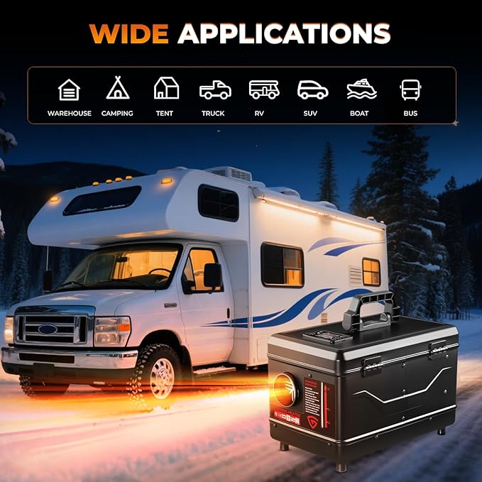 ディーゼルヒーター 12V/24V/110V 8KW ポータブルツールボックス ディーゼルパーキングヒーター APPリモコン・充電器・LCDスクリーン付き 家庭・店舗・ガレージ・RV・トレーラー・ボート・キャンピングカー対応 黒