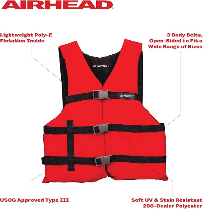Airhead General All Purpose Life Jacket, US Coast Guard Approved Type III Life Vest, Perfect for Boating and Personal Watercraft Use