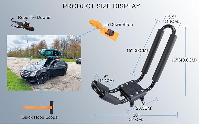 Kayak Roof Rack 2 Pairs Heavy Duty J-Bar Carrier Holder for Canoe, SUV, Cars, Truck, Surf Ski, Tie-Mount on Car Roof Top Crossbar for Trip - Includes 8 Pcs Ratchet, Set of 4