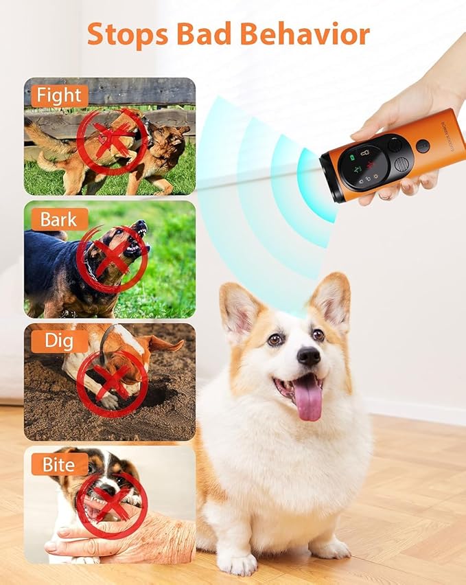 Anti Barking Device for Dogs, 3X Ultrasonic Dog Bark Deterrent Device with Training Modes Stop Neighbors Dog Barks, Portable Dog Training Tool with Flashlight Indoor Outdoor Use, Orange, Black