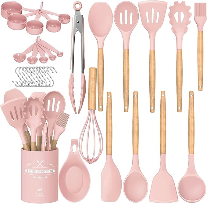 Umite Chef シリコンキッチン用品セット 33点セット ノンスティック 調理器具スタンド付き 木製ハンドル ピンク