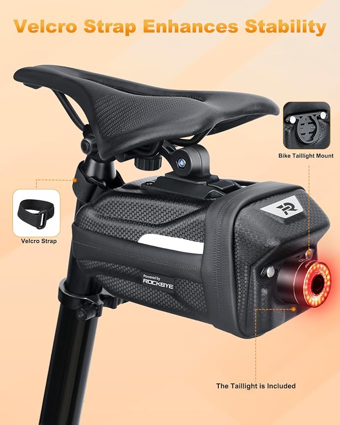 Bike Saddle Bag with Taillight, 2.0L Waterproof & Easy-Install Bicycle Saddle Bag, 3D Shell Cycling Seat Pack for Road/E-Mountain Bikes, Durable Storage Bag for Cyclists