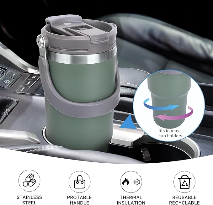 TYESO Tumbler with Handle,Tumbler with Straw, Vacuum Insulated Water Bottle,Double Wall Stainless Steel Coffee Cup Travel Mug Leak Proof Flip (Green, 40 oz)