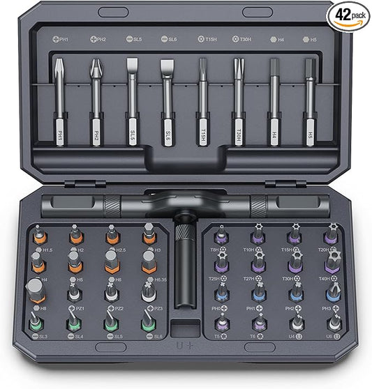 Bomivoi 42 in 1 Magnetic Screwdriver Set, DIY Ratchet Screwdriver Set, Multi Bit Magnetic Drive Set with Detachable Ratchet Handle, Portable Compact Repair Tool Kit for Furniture Computer Bicycle Gray