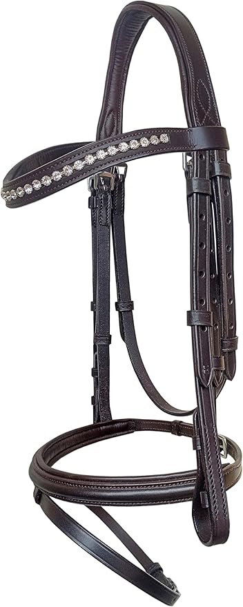 Equine Care Leather English Horse Bridle with Reins, Full Size, Choice of Browband Style, Padded Crown & Cavesson Noseband, Stainless Steel Hardware, Hunter Show Bridle.