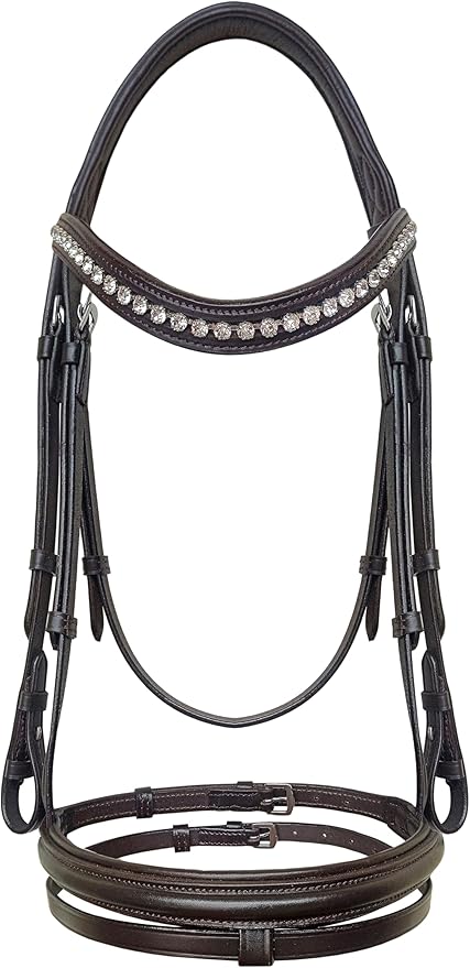 Equine Care Leather English Horse Bridle with Reins, Full Size, Choice of Browband Style, Padded Crown & Cavesson Noseband, Stainless Steel Hardware, Hunter Show Bridle.