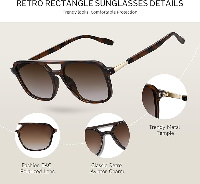 Retro Aviator Sunglasses for Women Men:Polarized Trendy Vintage 70s Rectangle Womens Shades Sun Glasses UV Protection